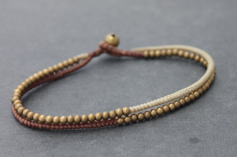 Beaded Woven Brass Anklets Ivory Earth Tone Vanilla Raw Brass Beads Anklets - Anklets & Ankle Bracelets - Copper & Brass Khaki