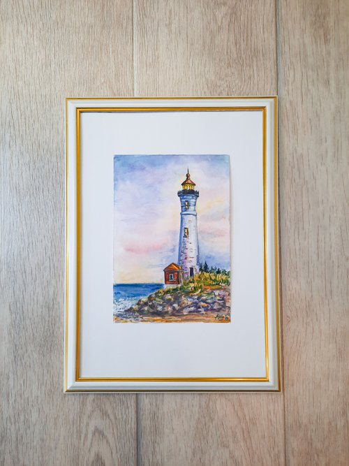 水彩画　波打ち崖の灯台 水彩画 波打ち際の灯台