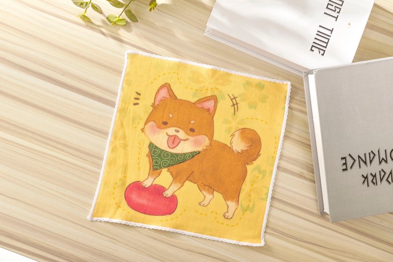 ピュアコットン100％MIT色褪せない::イラスト小スカーフ(お散歩に行きたい柴犬) - ハンカチ - コットン・麻 イエロー