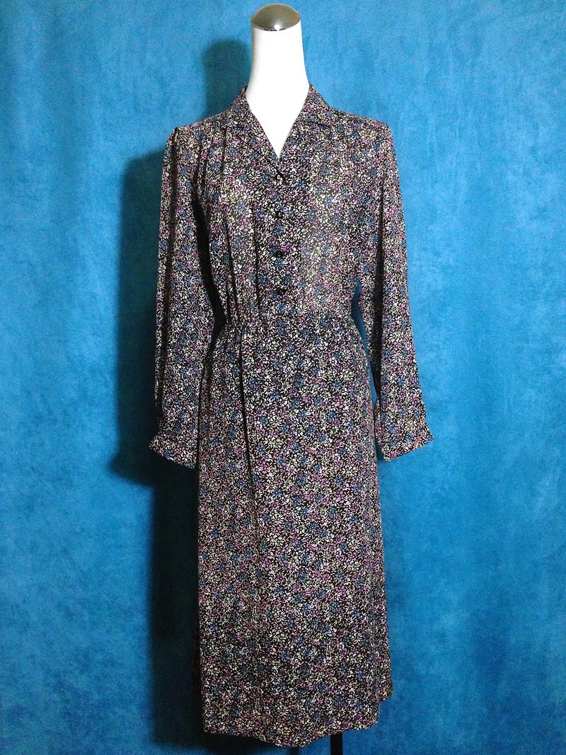 Ping pong ancient [ancient dress / small daisy printed chiffon long-sleeved ancient dress] foreign bring back VINTAGE - One Piece Dresses - Polyester Multicolor