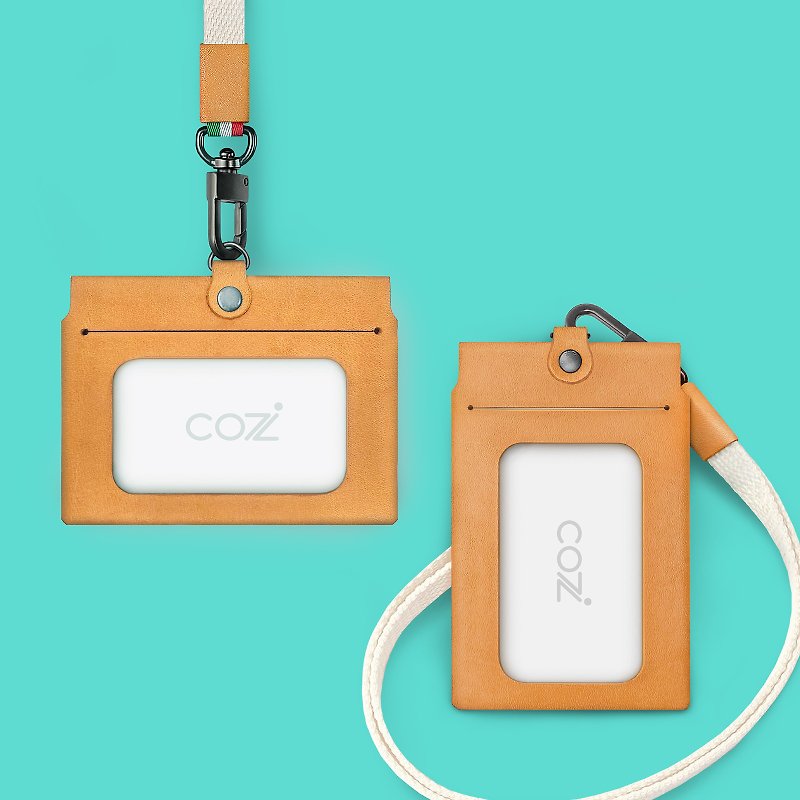 COZI - ที่ใส่ป้ายหนังฟอกฝาดสองด้าน - ที่ใส่บัตรคล้องคอ - หนังแท้ สีส้ม