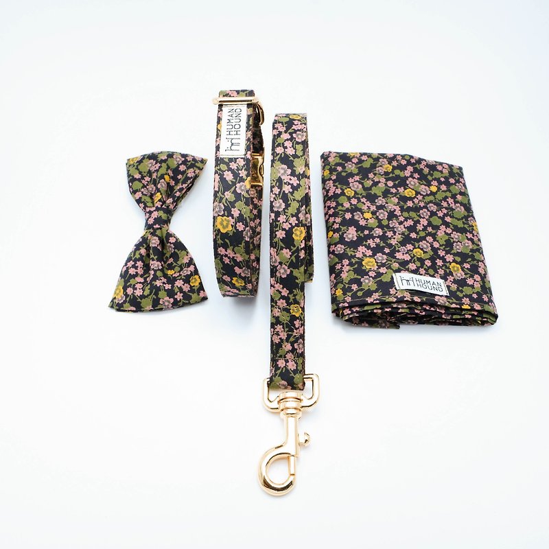 Florals black with pink/green flowers - Collars & Leashes - Cotton & Hemp Multicolor