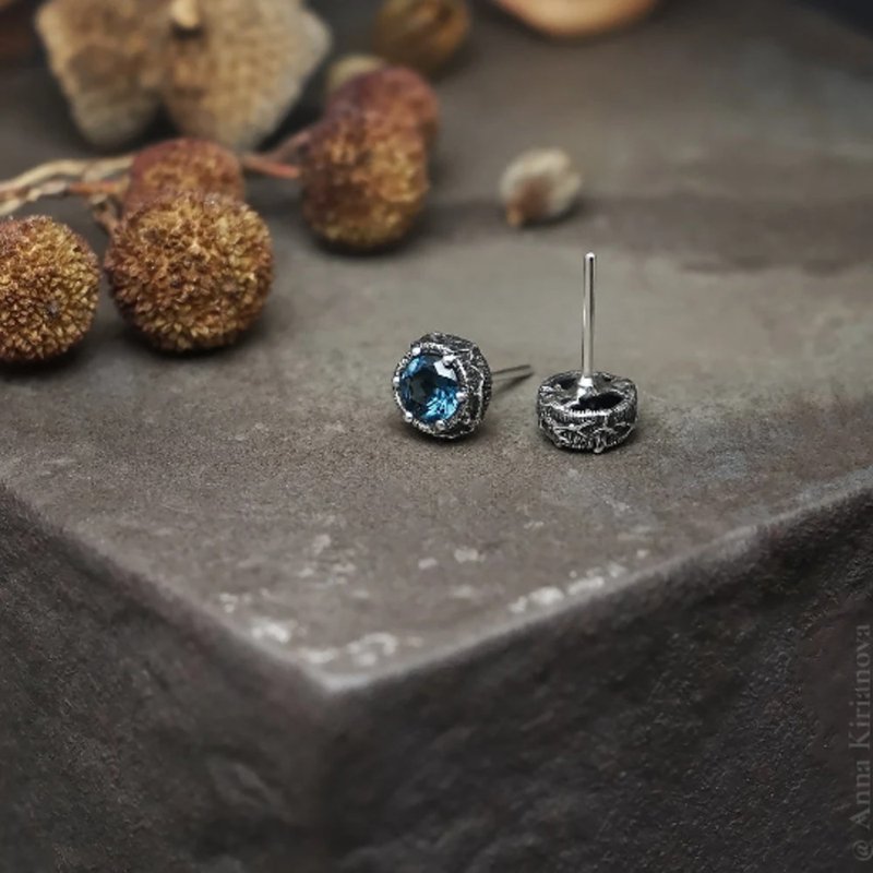 Tree Bark and Branches Earrings with London Blue Topaz - Earrings & Clip-ons - Sterling Silver Silver