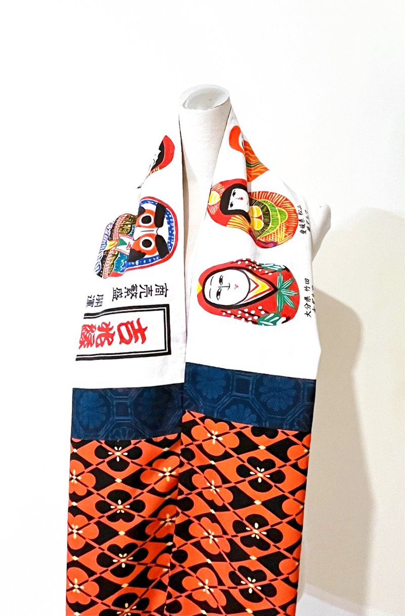 純手作/古董羊毛珊瑚橘黑幾何梅花圖騰純棉達摩染布圍巾披肩 - 圍巾/披肩 - 羊毛 多色