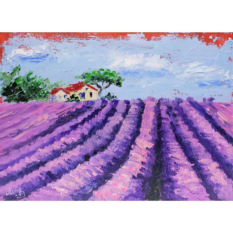 Tuscany Field Painting Lavender Landscape Original Art Italy Oil Wall Art 14x10' - Posters - Other Materials Purple