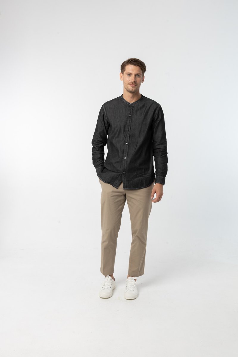 Mandarin Collar Shirt : Long Sleeve (Indigo Black, ดำ) 長袖襯衫 - 男襯衫/休閒襯衫 - 棉．麻 黑色