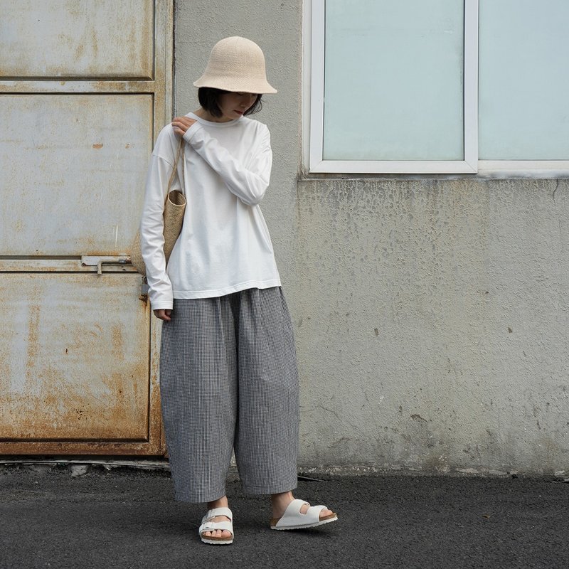 Japanese compact spun linen cotton fine check elastic waist loose casual balloon pants summer - กางเกงขายาว - ผ้าฝ้าย/ผ้าลินิน 