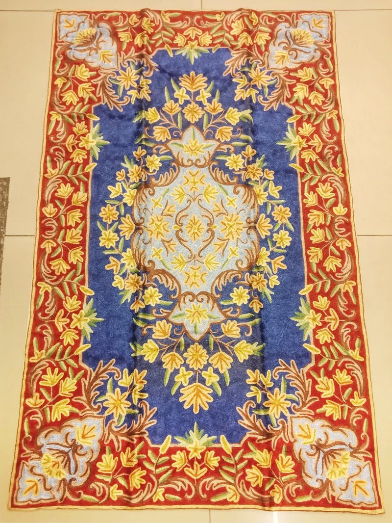 印度喀什米爾 手工刺繡絲質中型地毯 121x76 — 海上花園 - 地墊/地毯 - 絲．絹 藍色
