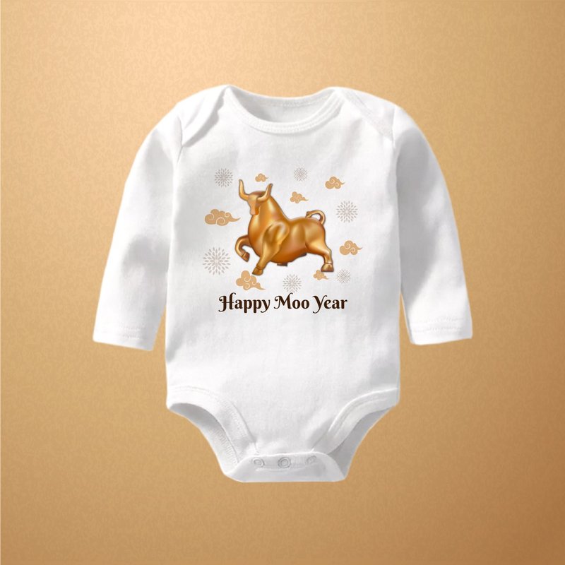 牛年鴻運 長袖包屁衣 可姓名客製 寶寶 嬰兒 新年 春節 禮物 - 包屁衣/連身衣 - 棉．麻 白色
