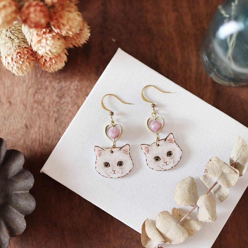 Small animal natural stone handmade earrings - white cat pink love can change the clip - Earrings & Clip-ons - Resin Pink