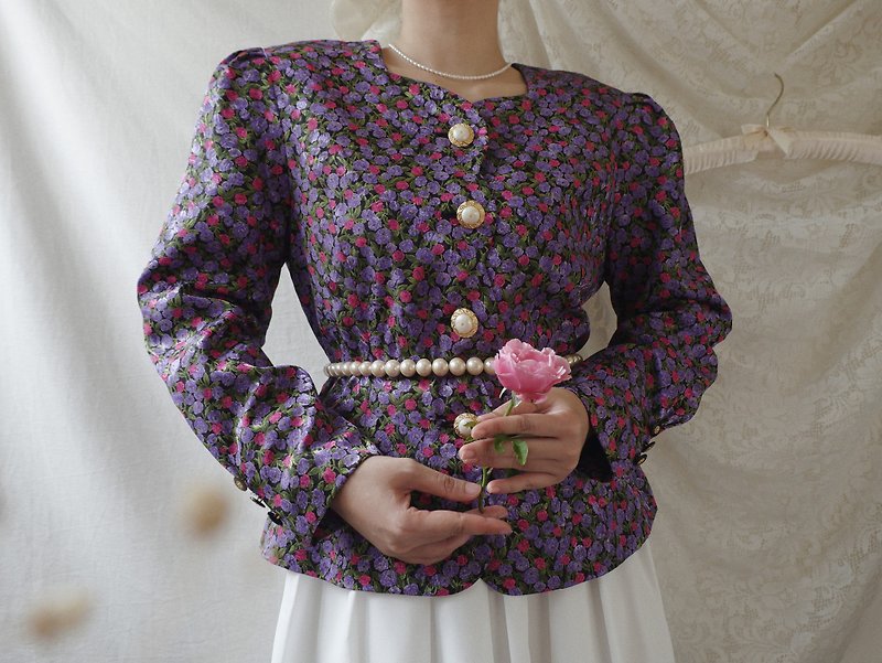 Vintage Long Sleeve Blouse With Floral Print - Women's Tops - Polyester Purple