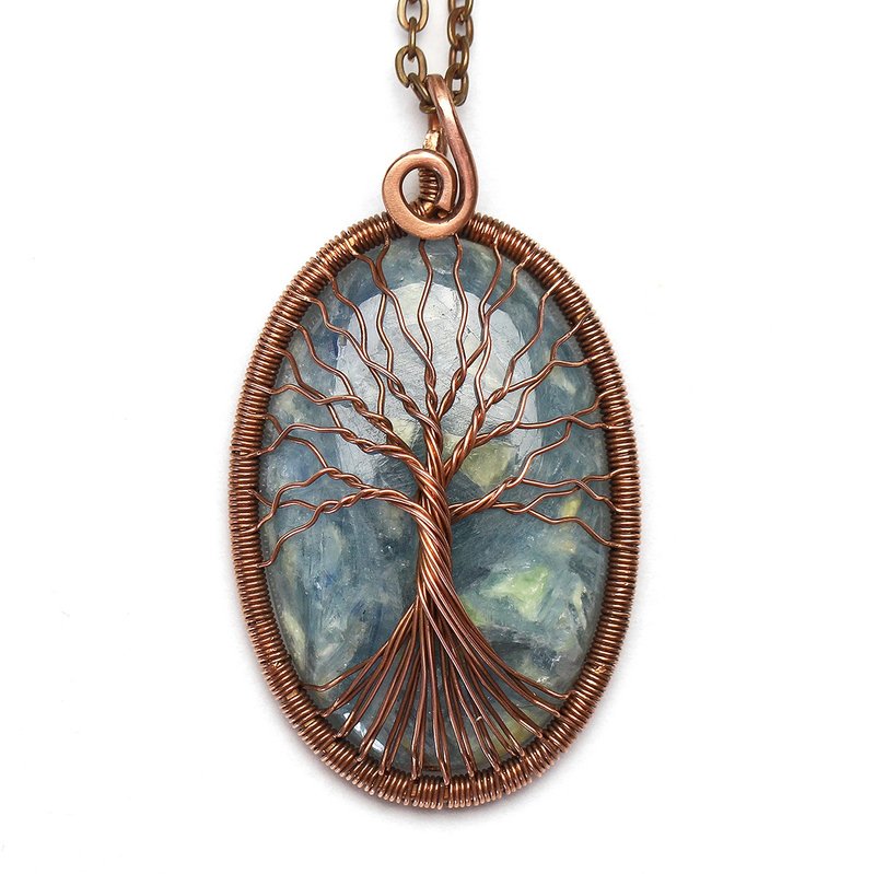 Kyanite Pendant Handmade Copper Tree Of Life Necklace Protection Amulet Necklace - 項鍊 - 半寶石 藍色