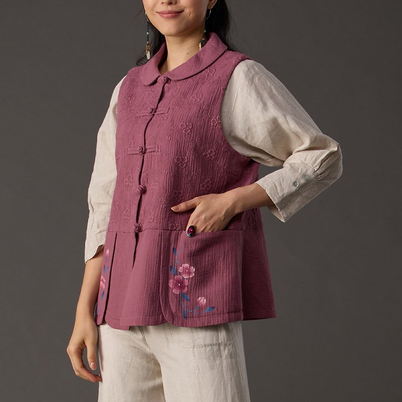 Classic beauty embroidery hand-painted vest【18081】 - Women's Tops - Cotton & Hemp Pink