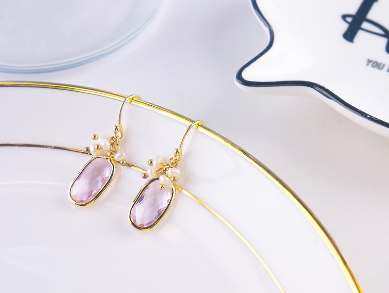 Edith&Jaz•Birthstone w/ Pearl Collection-Pink Tourmaline Quartz Earrings (Oct) - Earrings & Clip-ons - Gemstone Purple