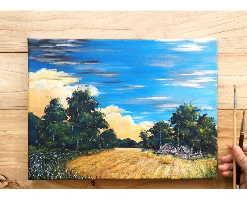 【バンパーハーベスト】オリジナルアクリル画。黄金の水田エンバクフィールド風景。 - ポスター・絵 - コットン・麻 
