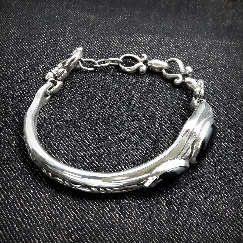R3款-黑瑪瑙復古925銀手鐲-中性銀手環-客製手環-專屬刻字飾品 - 手鍊/手環 - 貴金屬 銀色