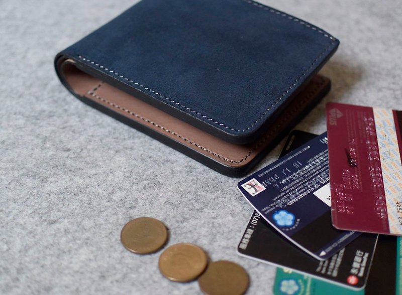 8 cards + photo bag + coin pocket + double bills + double inner pocket blue suede + log - Wallets - Genuine Leather 