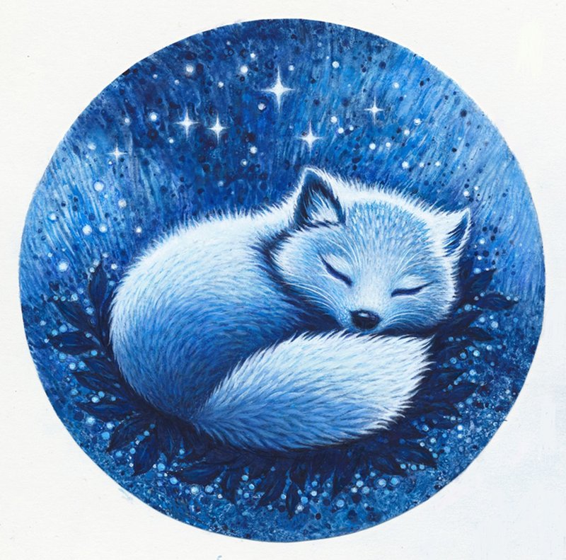 Sleeping fox art print - โปสเตอร์ - กระดาษ สีน้ำเงิน