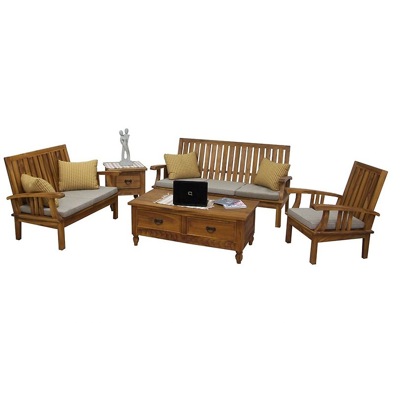 Jidi チーク家具│オールチーク材のシンプルなソファチェアリビングセット クッションなし HALI002ABC - 椅子・ソファー - 木製 ブラウン