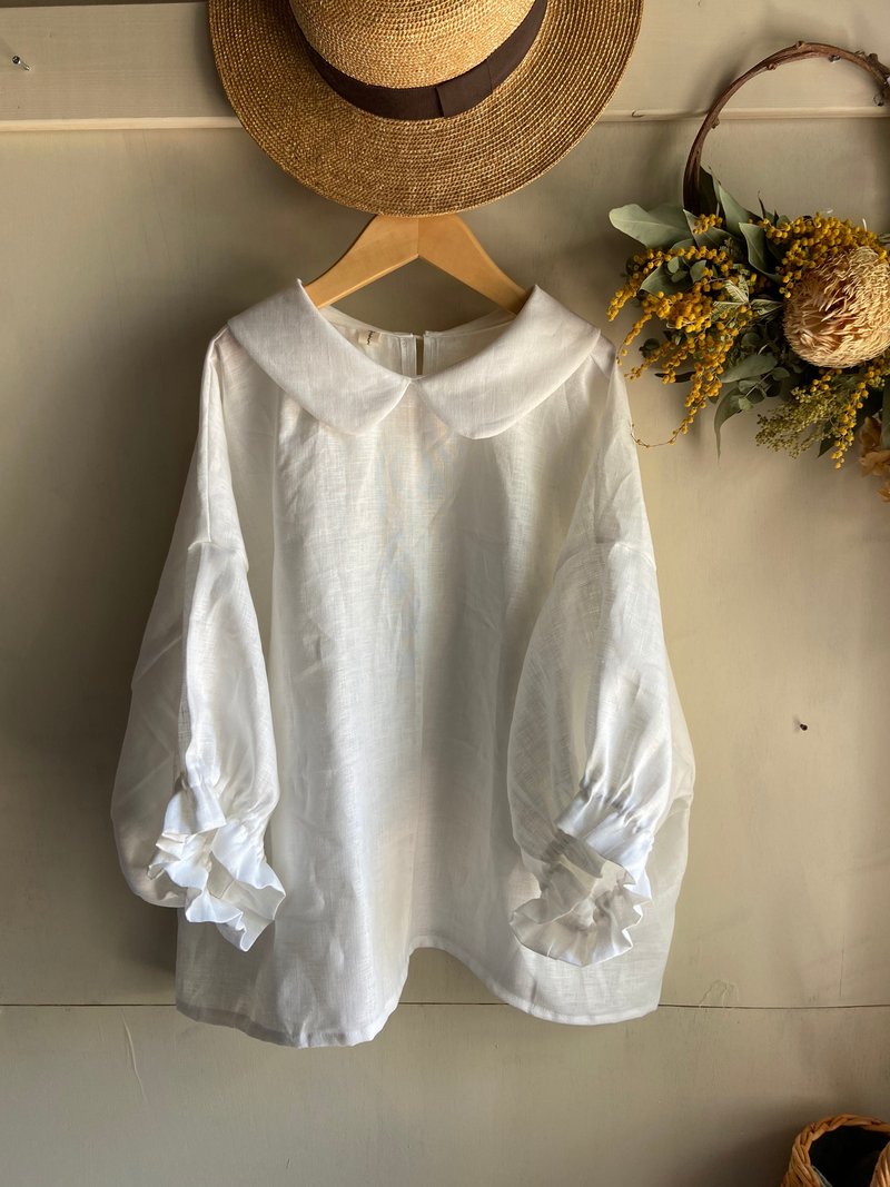 Short-sleeved linen round collar simple blouse - เสื้อเชิ้ตผู้หญิง - ผ้าฝ้าย/ผ้าลินิน 