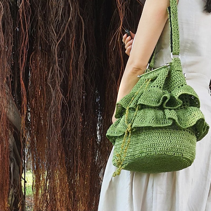 綠色裙擺大包包 /純粹手工編織 - 水桶袋/索繩袋 - 紙 綠色