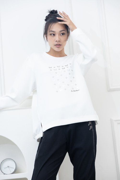 Meya 編縫編織 銀蝴蝶印花下擺彈性上衣 白色