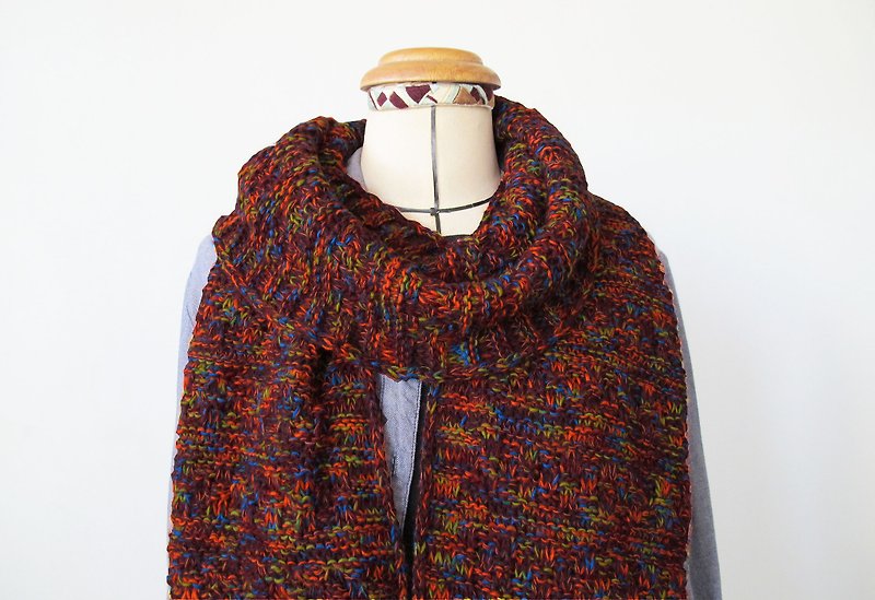 Lan wool scarf (wine red bottom orange blue flower yarn) - Knit Scarves & Wraps - Polyester Red