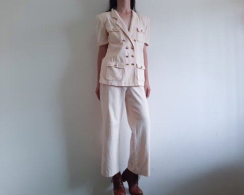ISSARA ART GALLERY 復古奶油色 2 件套雙排扣西裝外套長褲套裝棉亞麻
