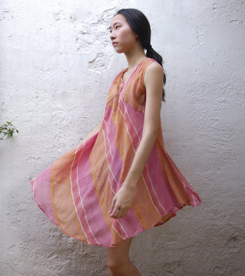 FOAK India vintage orange pink veil dress - ชุดเดรส - ผ้าฝ้าย/ผ้าลินิน สีส้ม
