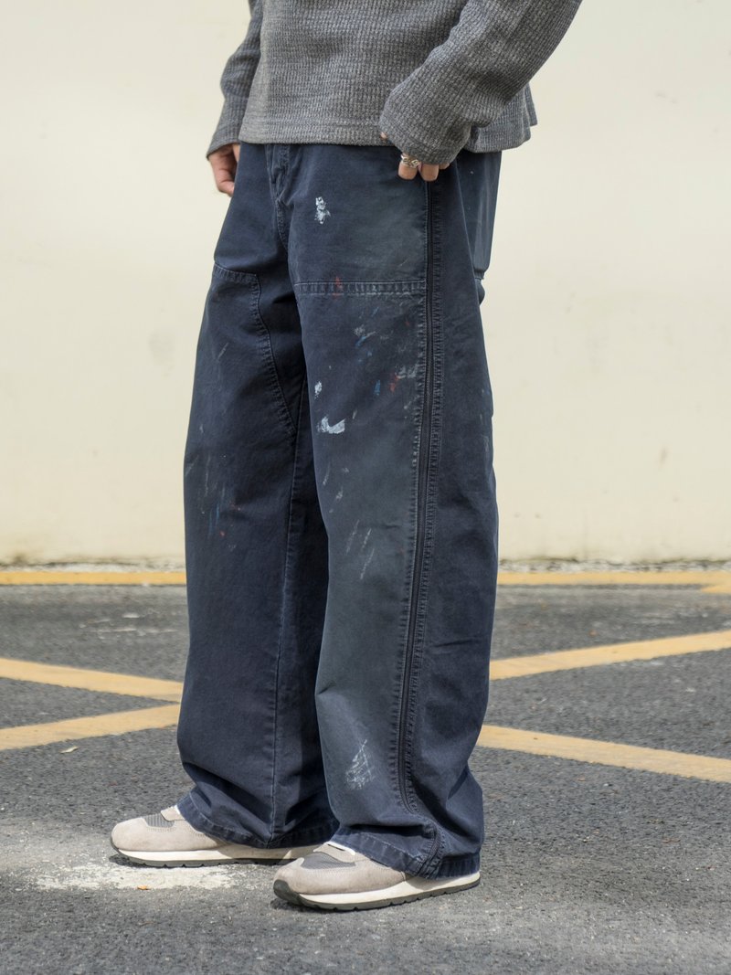 Pants 美式復古潑墨休閒褲 日系潮流寬鬆直筒工裝長褲古著Cityboy - 男長褲/休閒褲 - 棉．麻 藍色