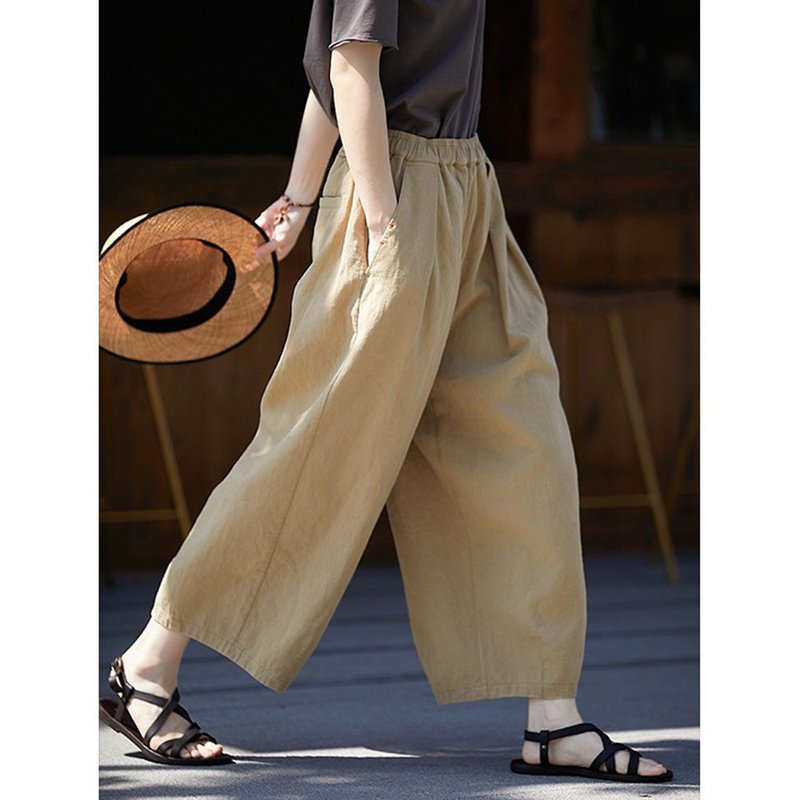 Khaki cotton-twill cropped elasticated wide-leg wide-leg pants with elasticated waist - กางเกงขายาว - ผ้าฝ้าย/ผ้าลินิน 