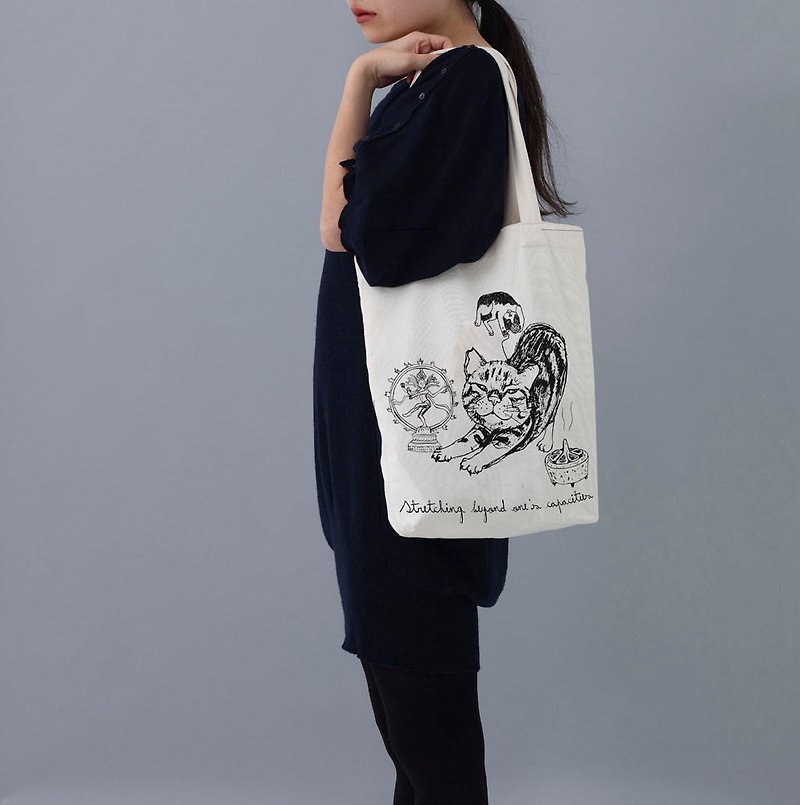 Cotton Bag-Yoga Cat - กระเป๋าแมสเซนเจอร์ - ผ้าฝ้าย/ผ้าลินิน ขาว