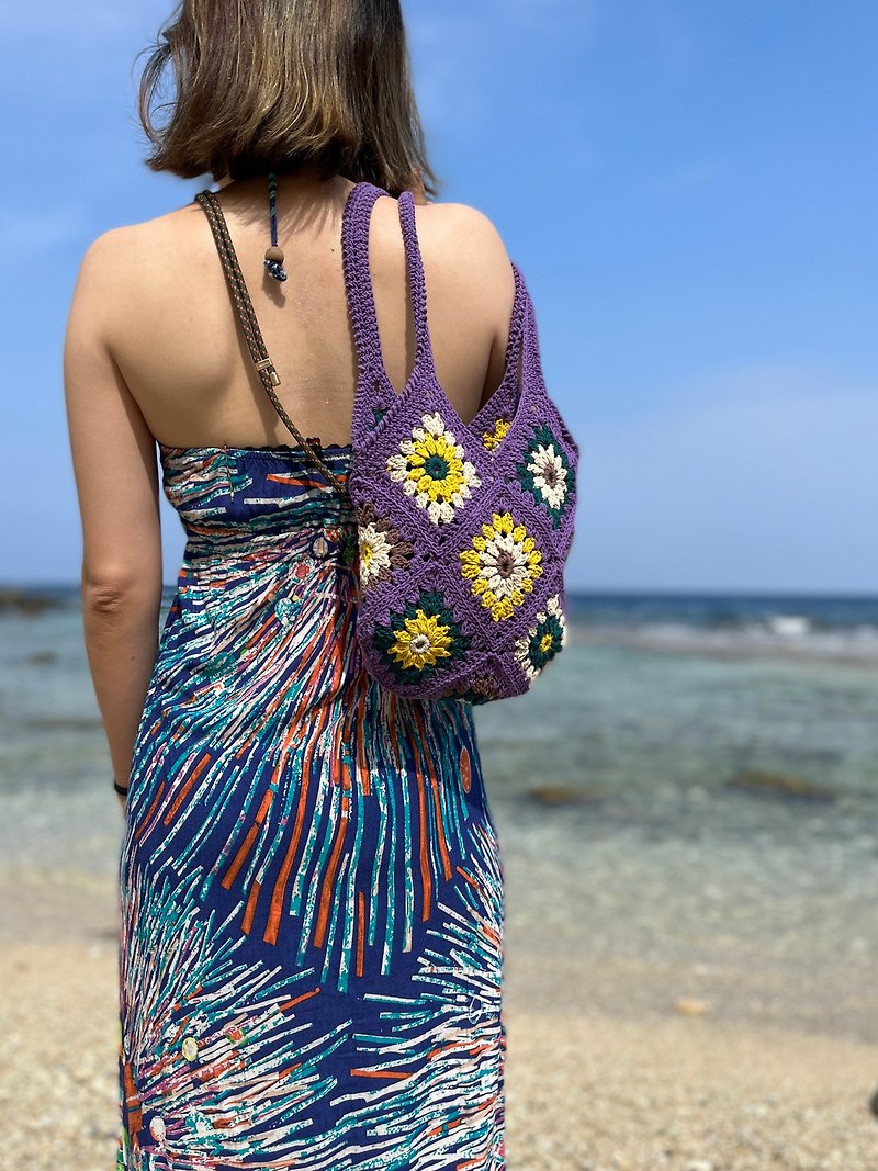 [Spot] Weaving color-blocking flower bag (bellflower) carry-on small bag/walking bag/handbag/shoulder bag - Handbags & Totes - Cotton & Hemp Purple