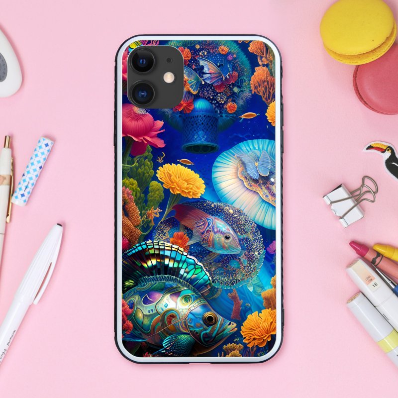 A deep-sea fish smartphone case with a colorful and glittering abalone shell [tempered glass finish] compatible with iPhone 16 - Phone Cases - Plastic Multicolor