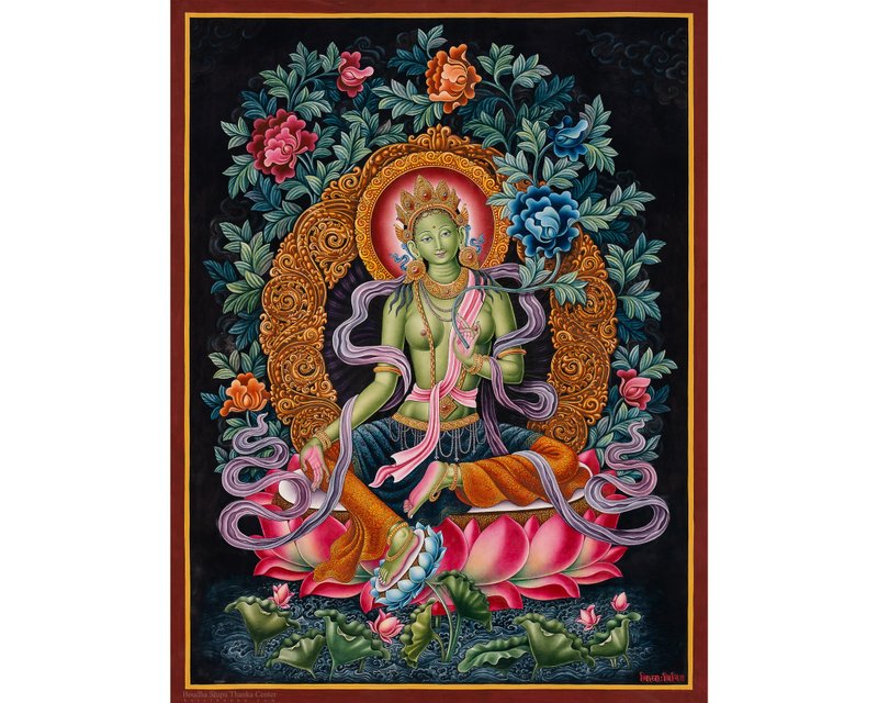 Green Tara Newari Style Thangka – Timeless Elegance of Compassion- B13987 - Wall Décor - Other Materials Multicolor