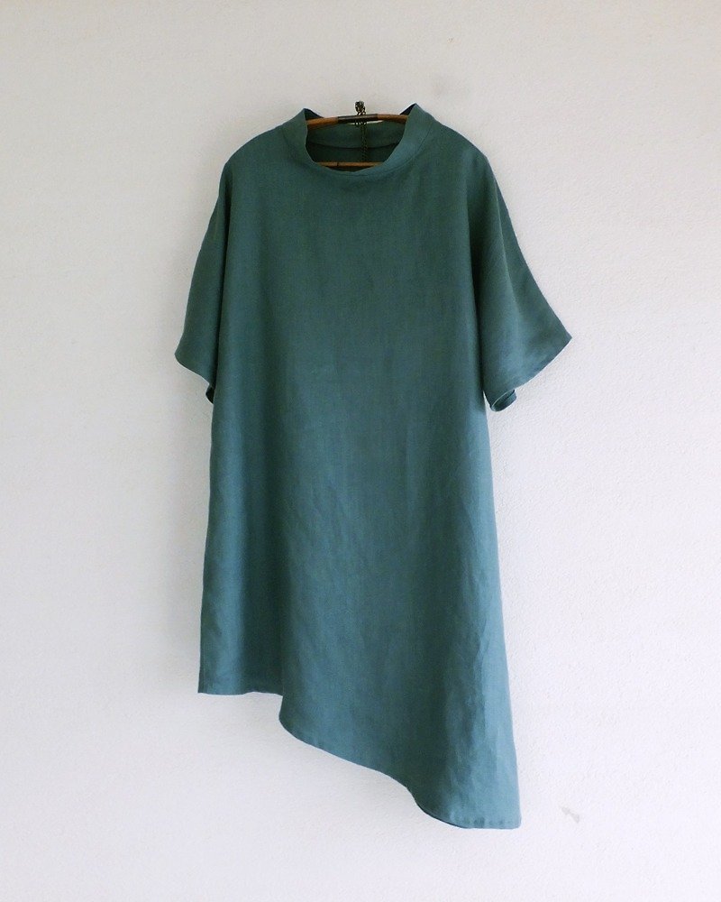 French Linen's One piece　Antique green - ชุดเดรส - ผ้าฝ้าย/ผ้าลินิน สีเขียว