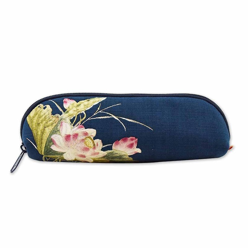 Pencil Case: Lotus embroidery - กล่องดินสอ/ถุงดินสอ - ผ้าฝ้าย/ผ้าลินิน 