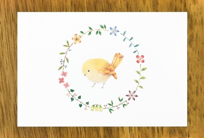 絵本のような。ポストカード "黄色の小鳥と花の輪" (2枚セット) PC-59 - 卡片/明信片 - 紙 黃色