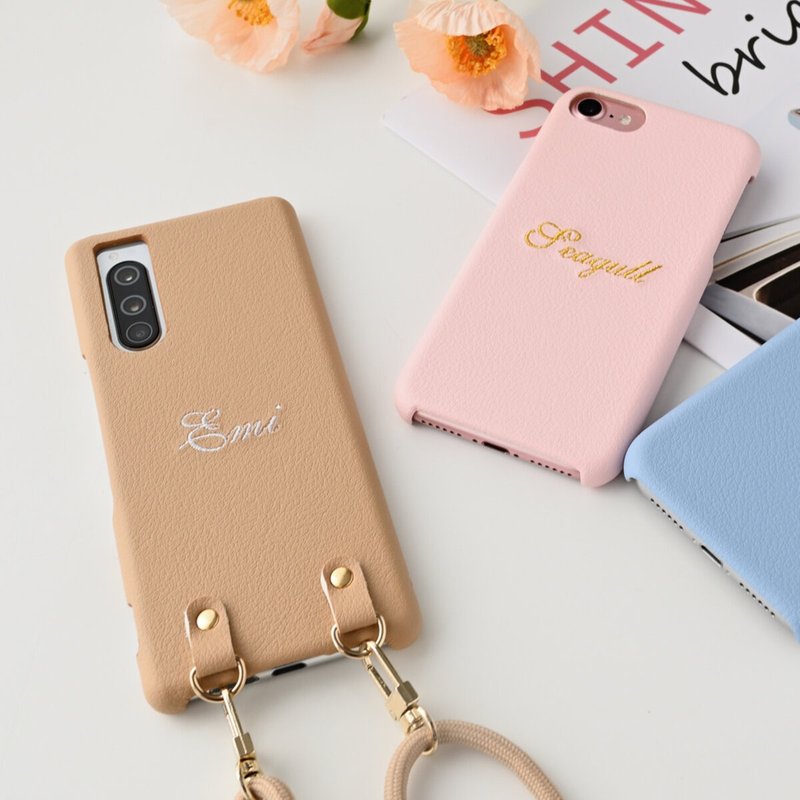 スマホケース 多機種対応 【 刺繍 名入れ 】 文字入れ ショルダーストラップ も対応 スマホショルダー iPhone ペールカラー A161I - スマホケース・カバー - 革 ピンク