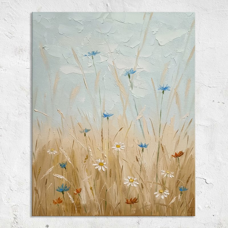 Wildflowers Painting Cornflowers Oil Painting Countryside Landscape by Nadya Ya - 海報/掛畫/掛布 - 其他材質 藍色