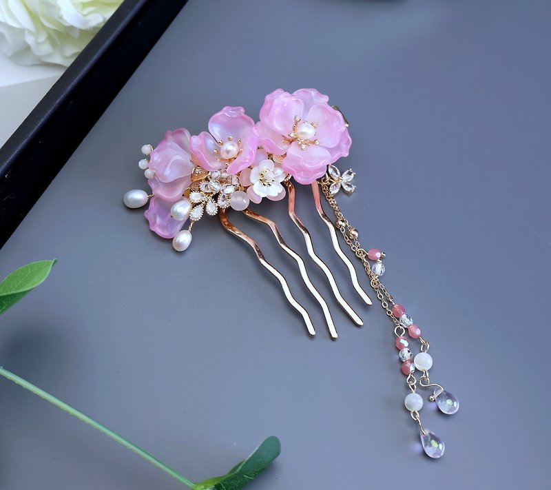 Lemon handmade hair accessories, flowing pink rose glass hairpin/hairpin (tassel - เครื่องประดับผม - กระจกลาย สึชมพู