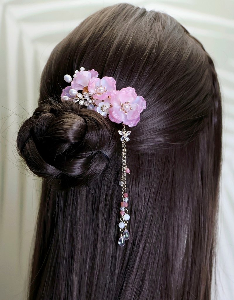 Lemon handmade hair accessories, flowing pink rose glass hairpin/hairpin (tassel - เครื่องประดับผม - กระจกลาย สึชมพู