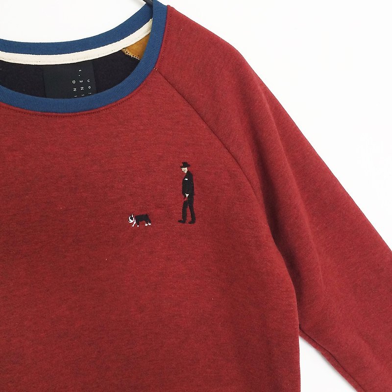 French Bulldog with a man / Embroidery // Sweater /// Burgundy Red - สเวตเตอร์ผู้หญิง - ผ้าฝ้าย/ผ้าลินิน สีแดง