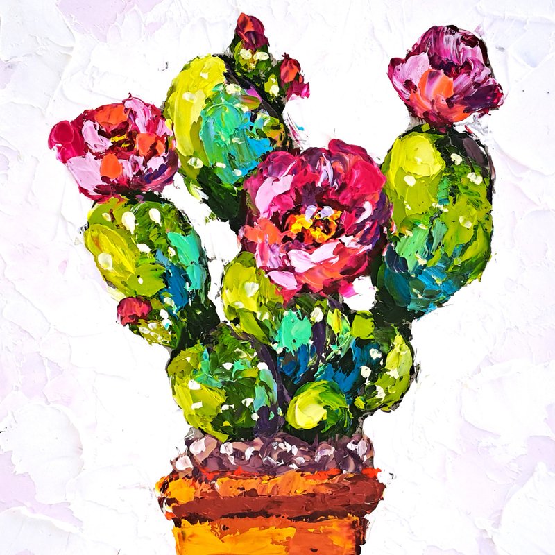 サボテンの絵 花のオリジナルアート サボテンの油絵 多肉インパスト アートワーク - ポスター・絵 - その他の素材 多色