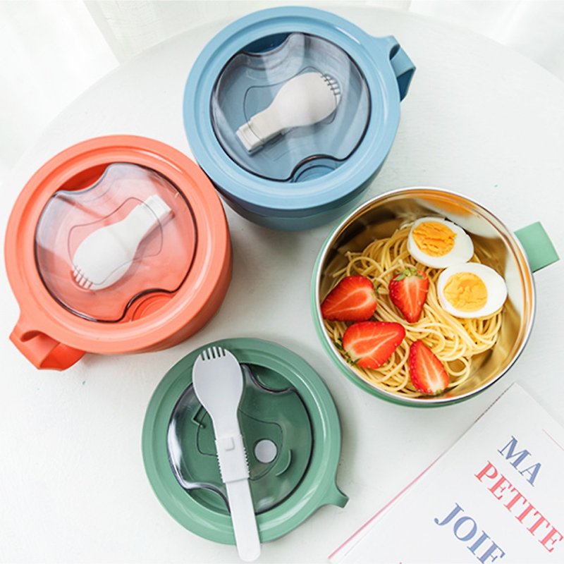【OMORY】#304 Stainless Steel round fresh-keeping and heat-insulating bowl (with lid/spoon) 850ML - Lunch Boxes - Stainless Steel Multicolor