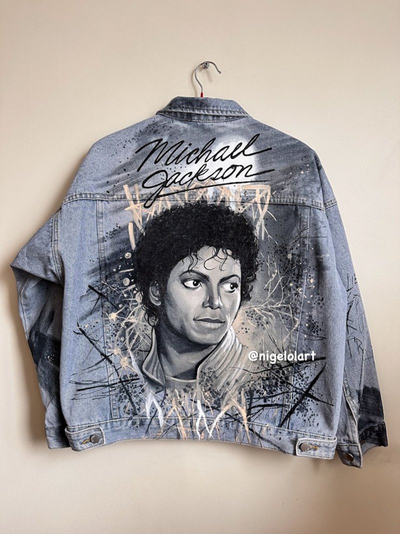 Painted Denim Jacket King of pop Michael Jackson Custom jacket blue jean jacket - 女大衣/外套 - 棉．麻 藍色