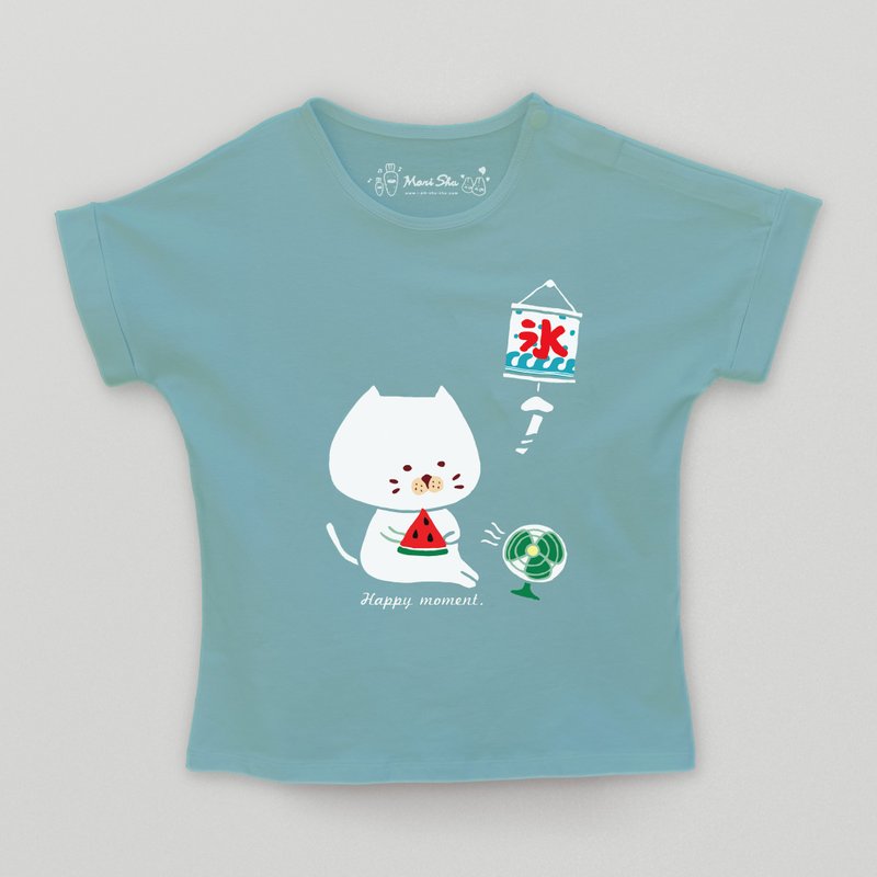 Kid-Bun Cat Eats Watermelon Kids T-shirt (Mo Teal) - เสื้อยืด - ผ้าฝ้าย/ผ้าลินิน สีเขียว