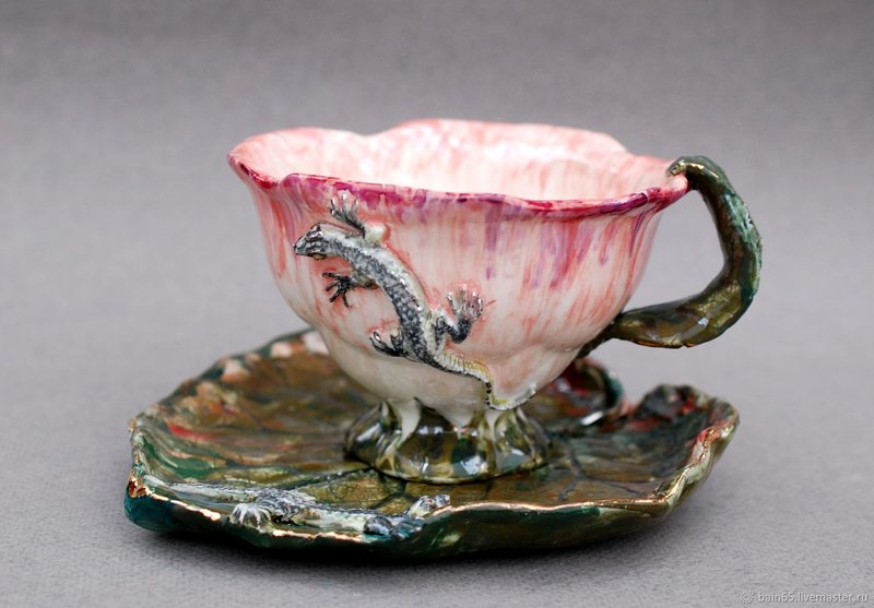 Flower Shape Cup Leaf saucer Lizards Tea coffee cup and saucer - 茶壺/茶杯/茶具 - 瓷 多色