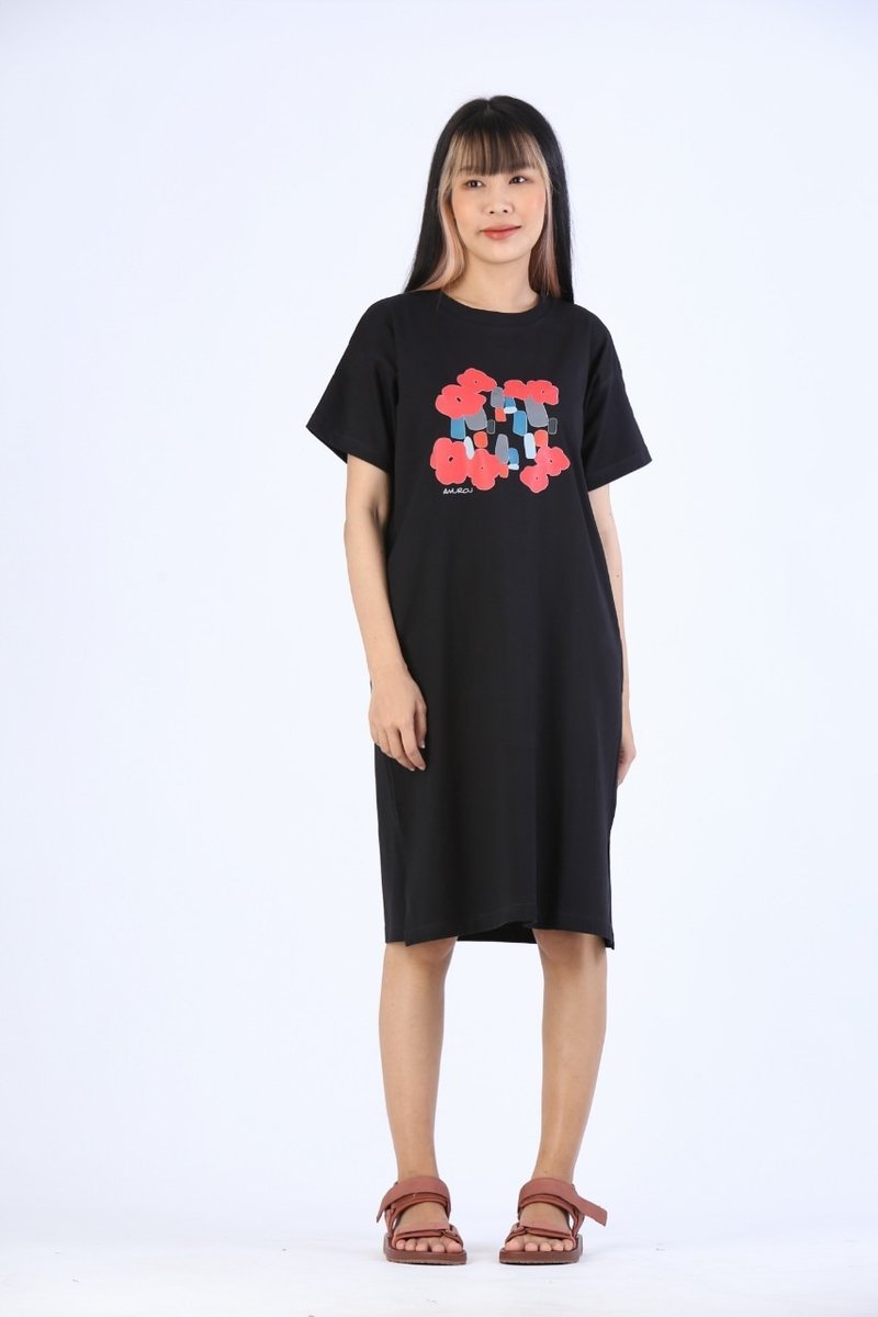 Short Dress Cotton Digital Print Screen - 洋裝/連身裙 - 棉．麻 黑色