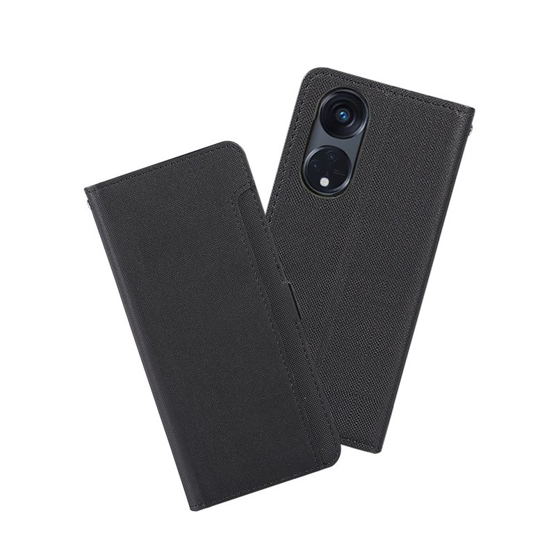CASE SHOP OPPO Reno8 T 5G 前收納側掀皮套-黑 - 手機殼/手機套 - 人造皮革 黑色